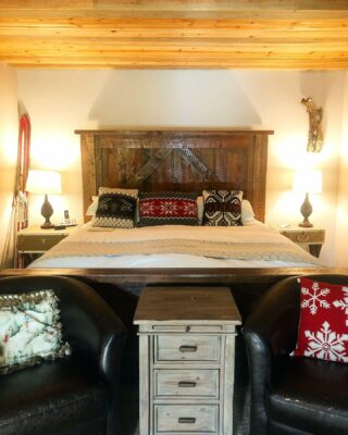 The Garden Suite got a wood ceiling upgrade making it feel warm and inviting from top to bottom. #lodge #lodging #skichalet #cabinliving #cozybedroom #bedandbreakfast #relax #comestay #comeplay #kingbed #skiandstay #montanalodge