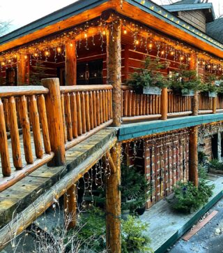 New Christmas lights are being strung and pine bows are in their places ...to be continued #deckthehalls #skilodge #lodge #lodging #bedandbreakfast #hotel #smallbusiness #christmascheer #logcabinliving #logcabin #mountainliving #skitown
